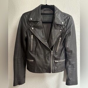All Saints Bleeker Biker Brown Leather Motto Biker Jacket US 6